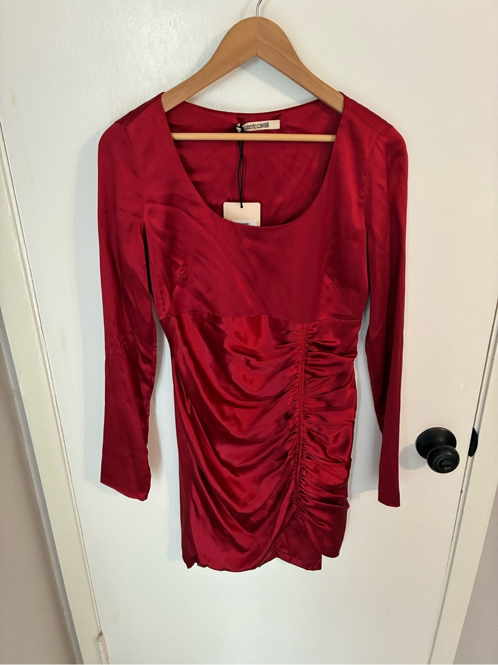 Roberto Cavalli Crimson Ruched Silk Long-Sleeve Dress